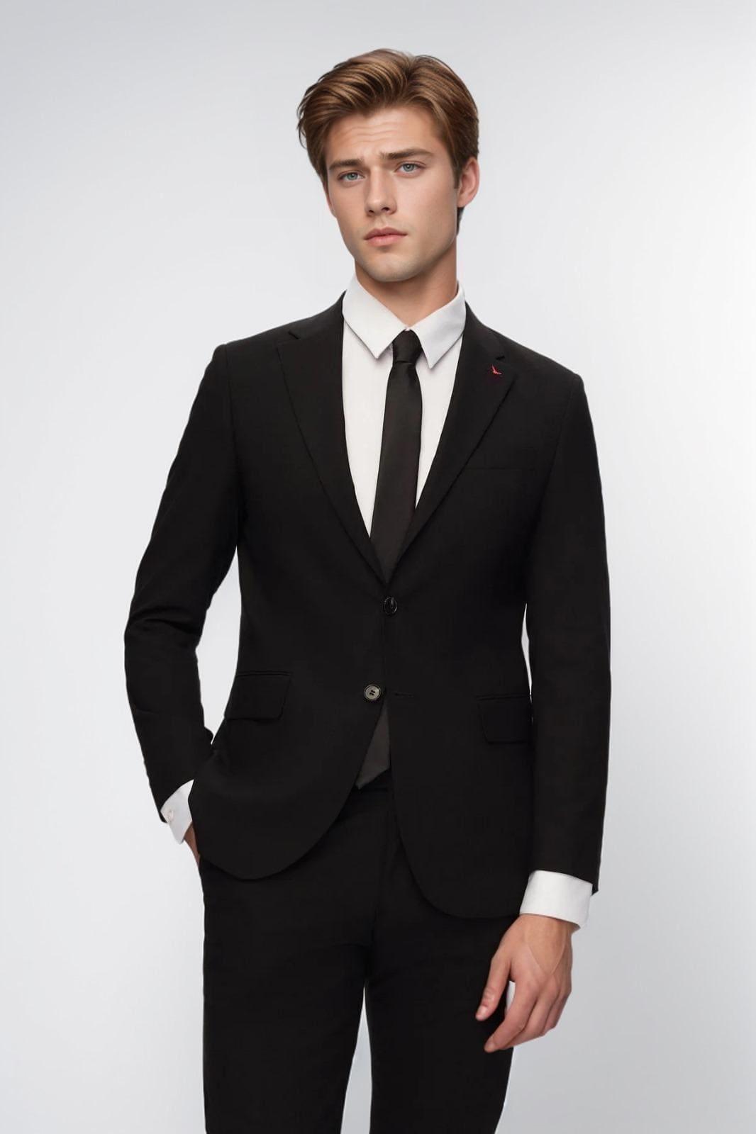 Slim Fit Black Plain Mono Collar Double Slit Lining Suit