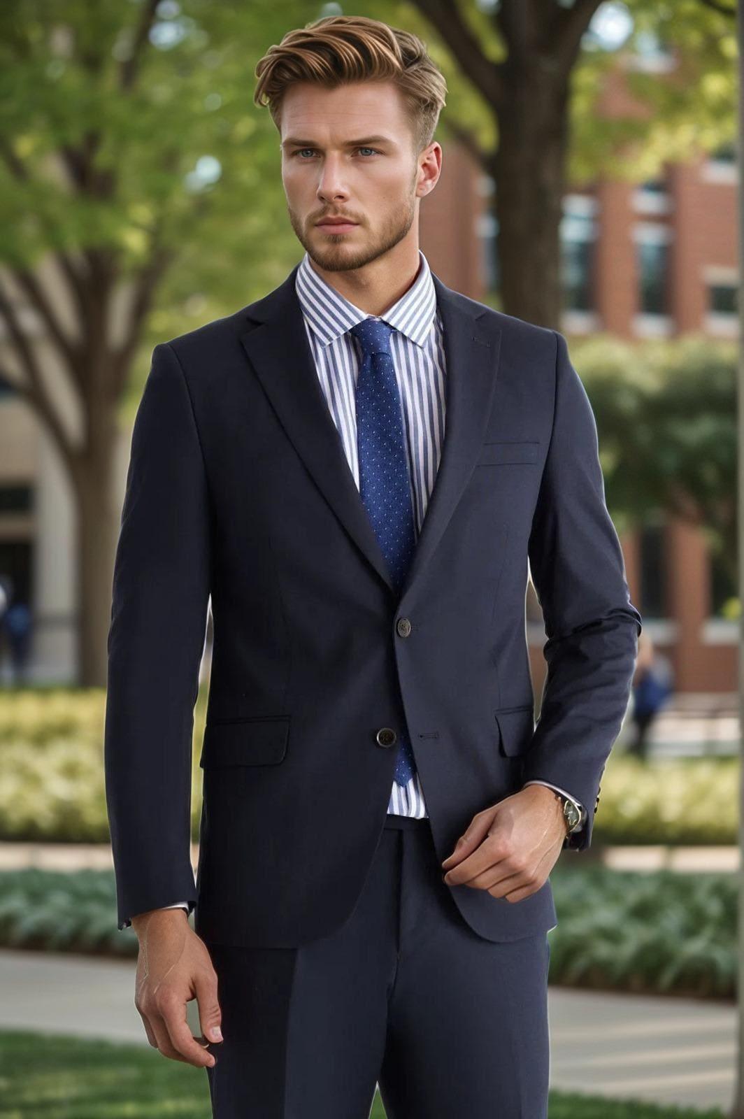 Men's Navy Blue Slim Fit Slim Fit Mono Collar Suit