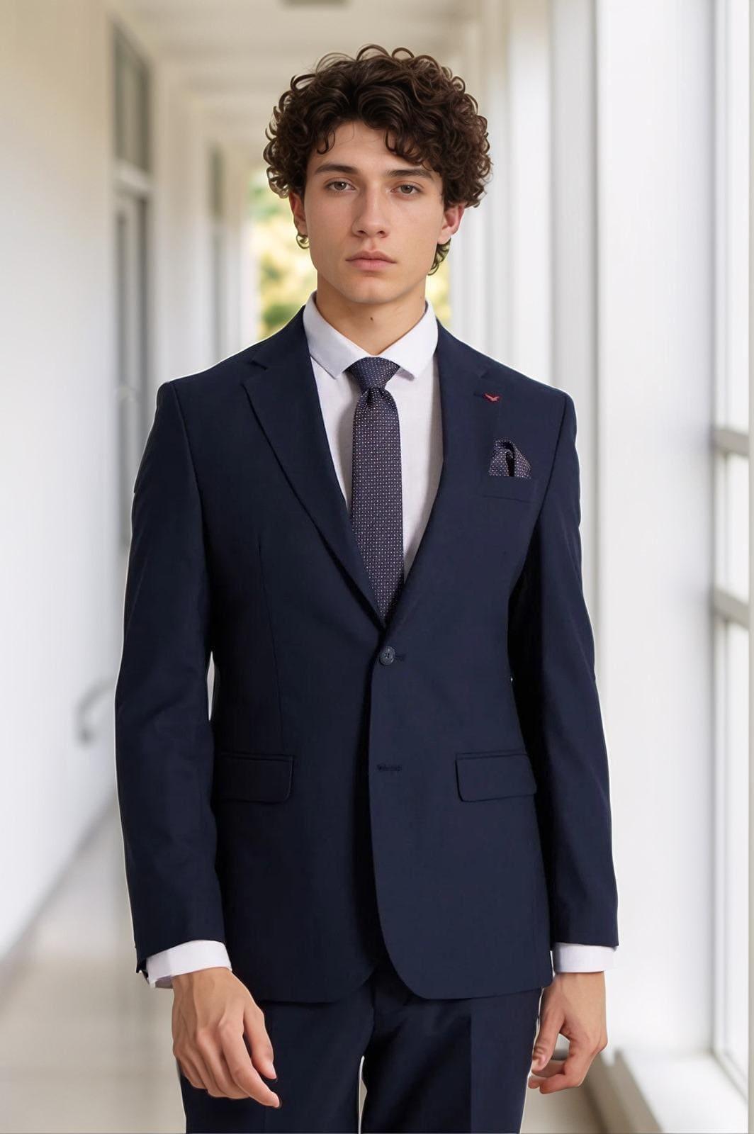 Slim Fit Navy Blue Plain Mono Collar Double Slit Lined Suit