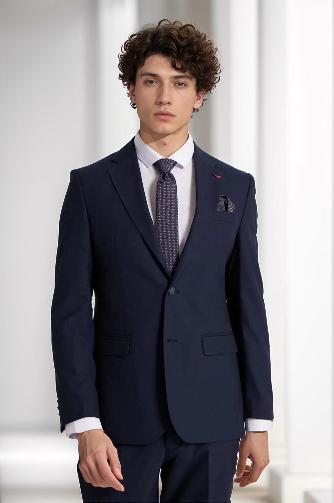 Slim Fit Navy Blue Plain Mono Collar Double Slit Lined Suit